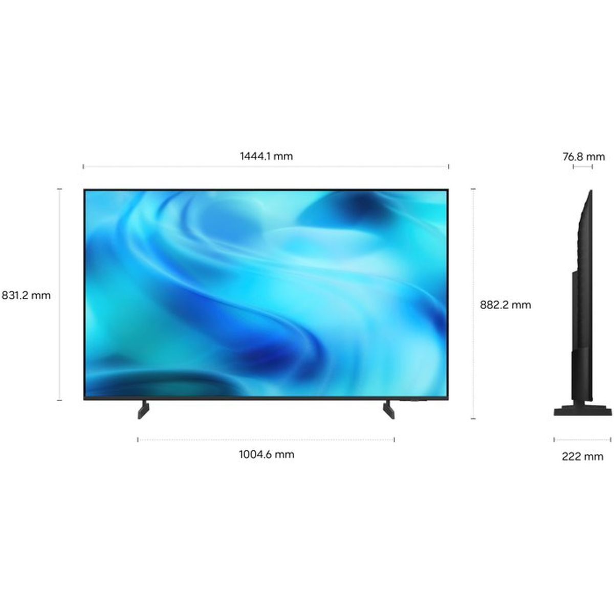 Diagramm zeigt Front- und Seitenansicht eines Fernsehers mit genauen Maßangaben in Millimetern.