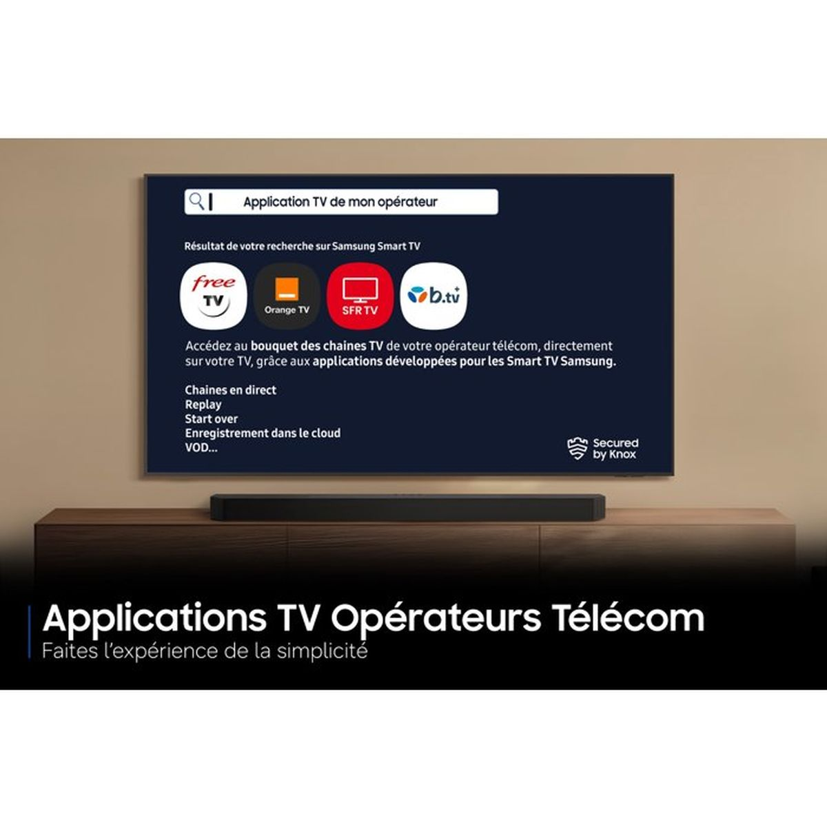 Ein Smart-TV zeigt französische TV-App-Logos auf dem Bildschirm, darunter Free, Orange, SFR und Bouygues Telecom.
