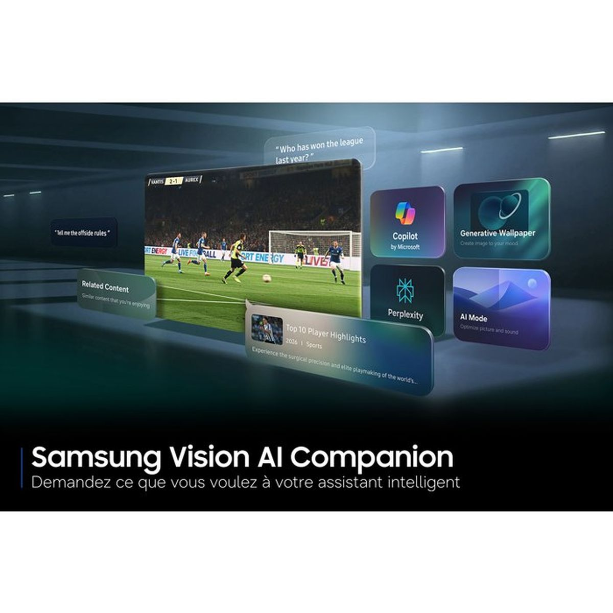 Samsung Vision KI-Begleiter zeigt ein Fußballspiel und UI-Fenster auf einem futuristischen Bildschirm.