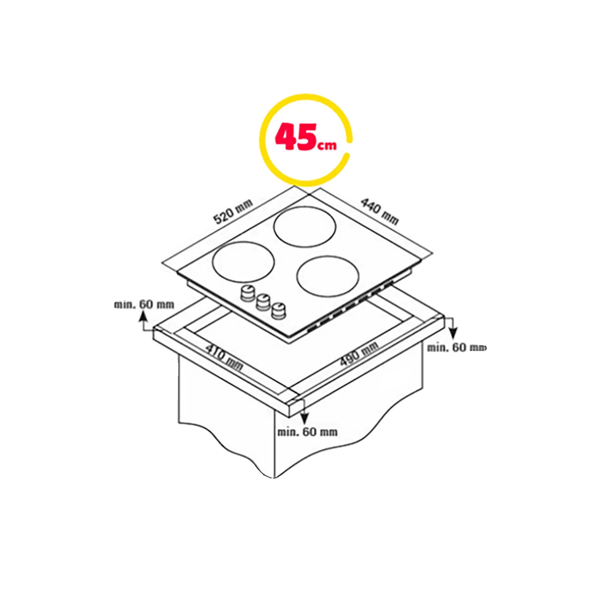 Technische Zeichnung eines 45cm Kochfeldes mit Maßen für den Einbau in eine Arbeitsplatte.