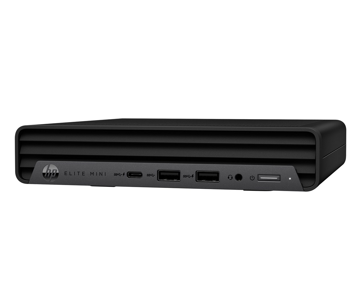 Czarny mini PC HP Elite z przednimi portami USB, portem USB-C, gniazdem audio i przyciskiem zasilania na białym tle.
