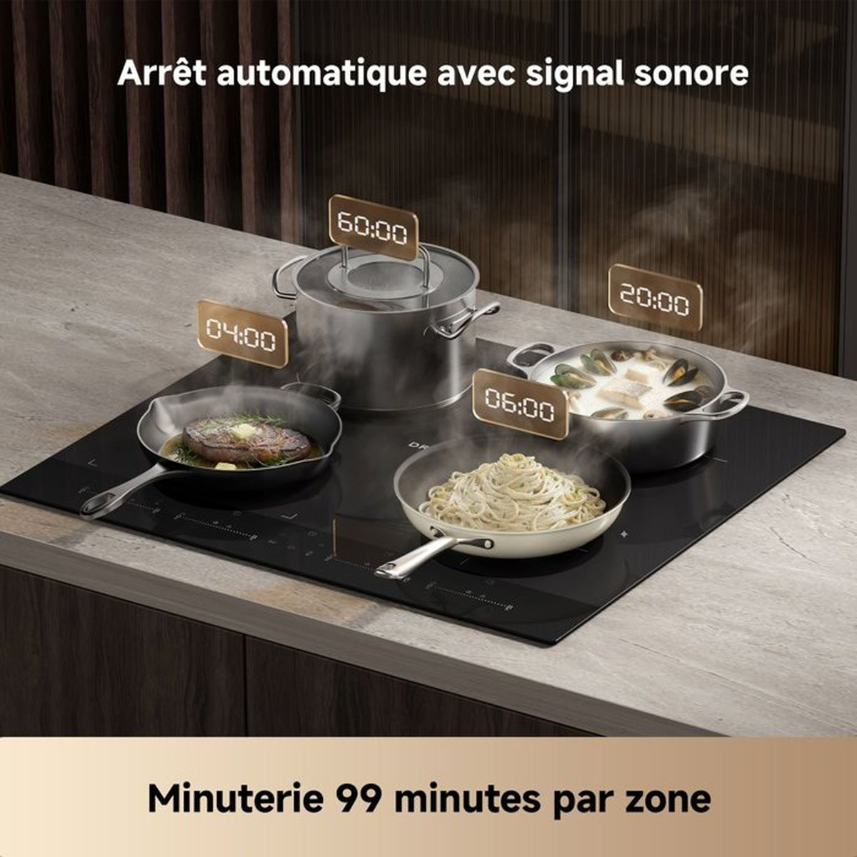 Ein Induktionskochfeld mit Töpfen und Pfannen, die digitale Timer anzeigen, auf einer Küchenzeile.