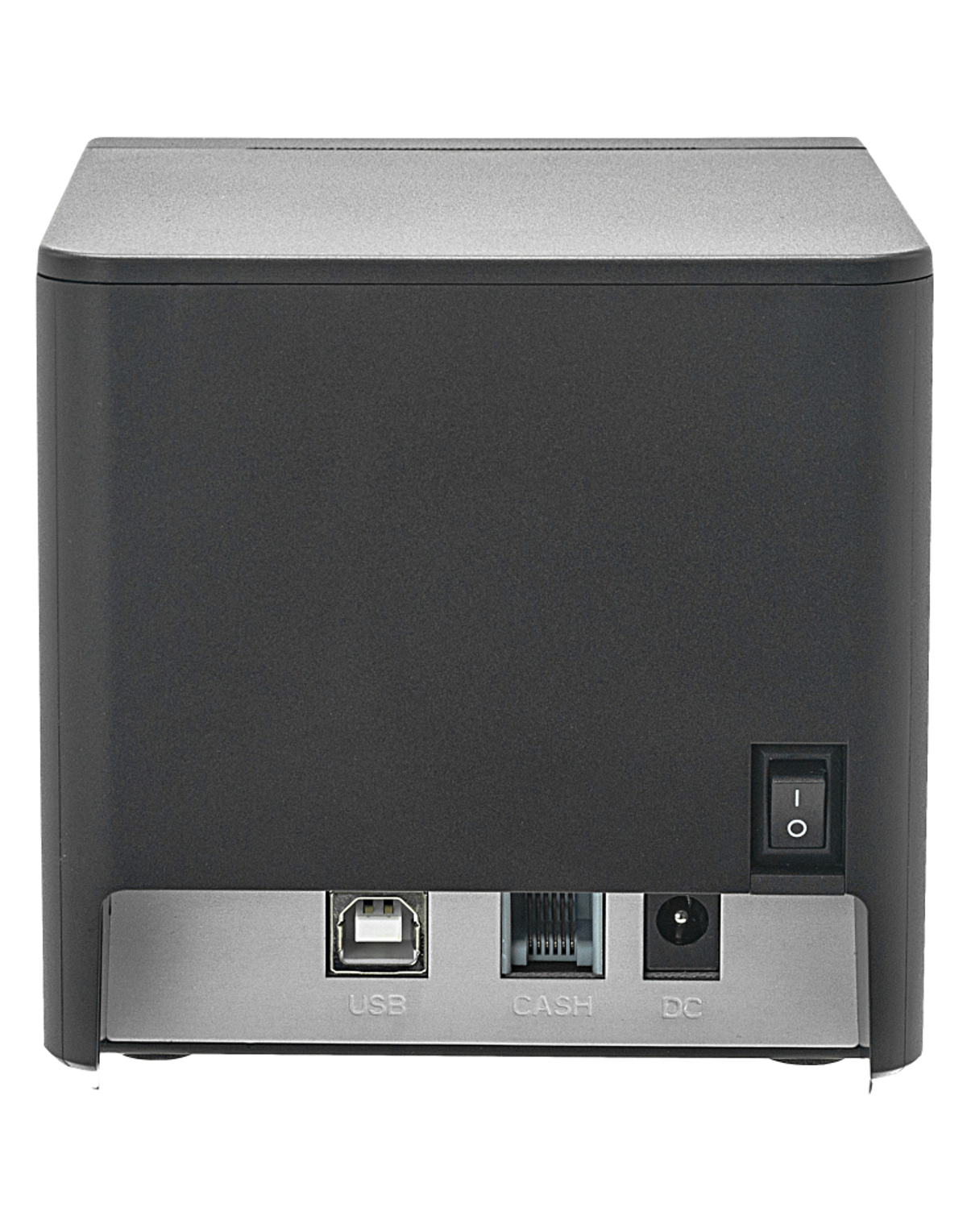 Rückansicht eines schwarzen elektronischen Geräts mit USB-, Kassen-, DC-Anschlüssen und Ein-Aus-Schalter.