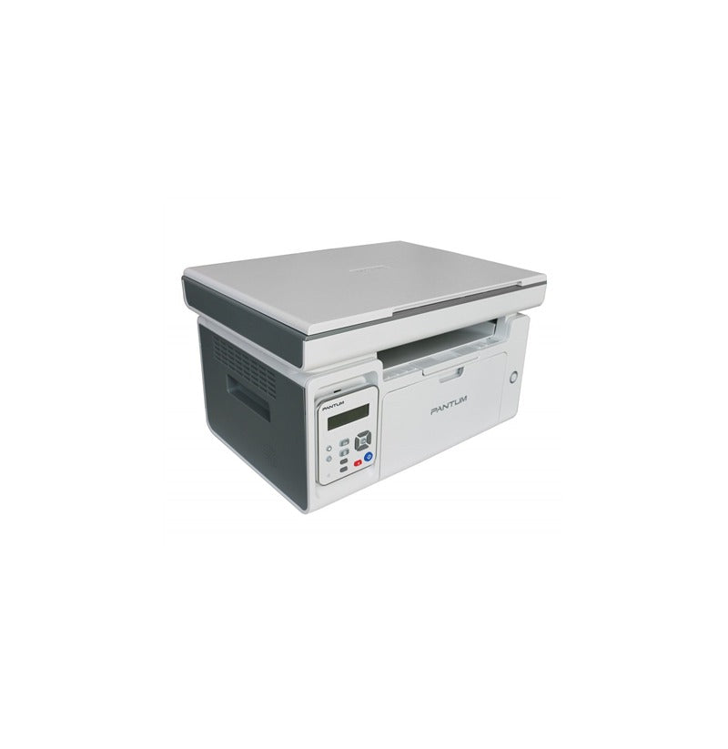 Ein weiß-grauer Pantum Multifunktionsdrucker steht isoliert vor weißem Hintergrund.
