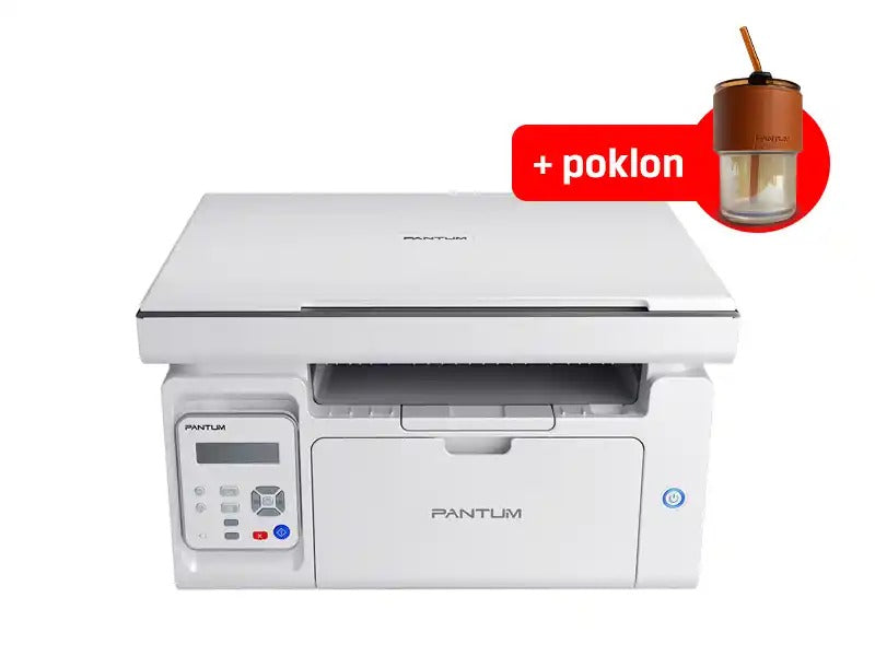 Ein weißer Pantum Multifunktionsdrucker mit einer Geschenktasse in der oberen rechten Ecke.