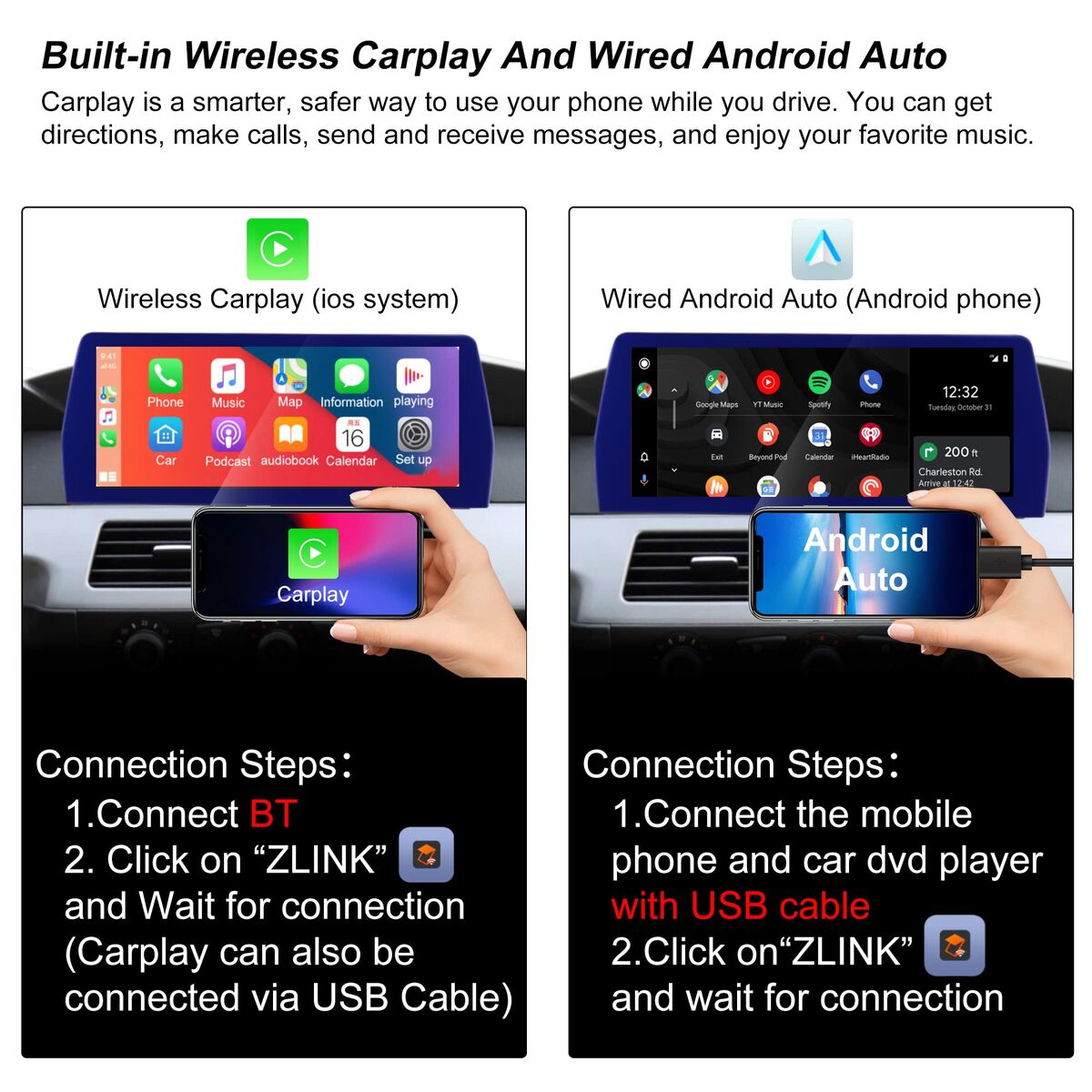 Vergleich von drahtlosem CarPlay und kabelgebundenem Android Auto auf Autodisplays mit Verbindungsschritten.