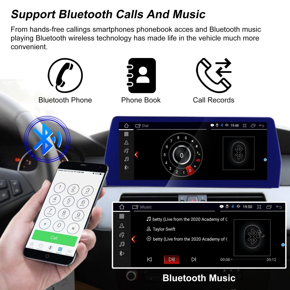 Bluetooth-Funktionen im Auto für Anrufe und Musik mit Smartphone- und Display-Anzeige.