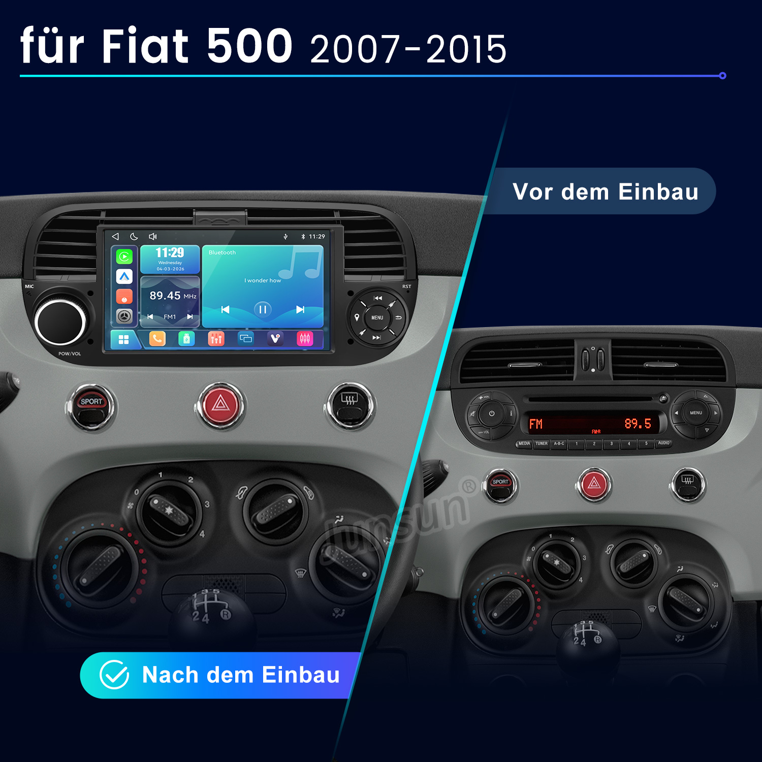 Vergleich der Fiat 500 Konsole vor und nach dem Einbau eines neuen Infotainmentsystems.