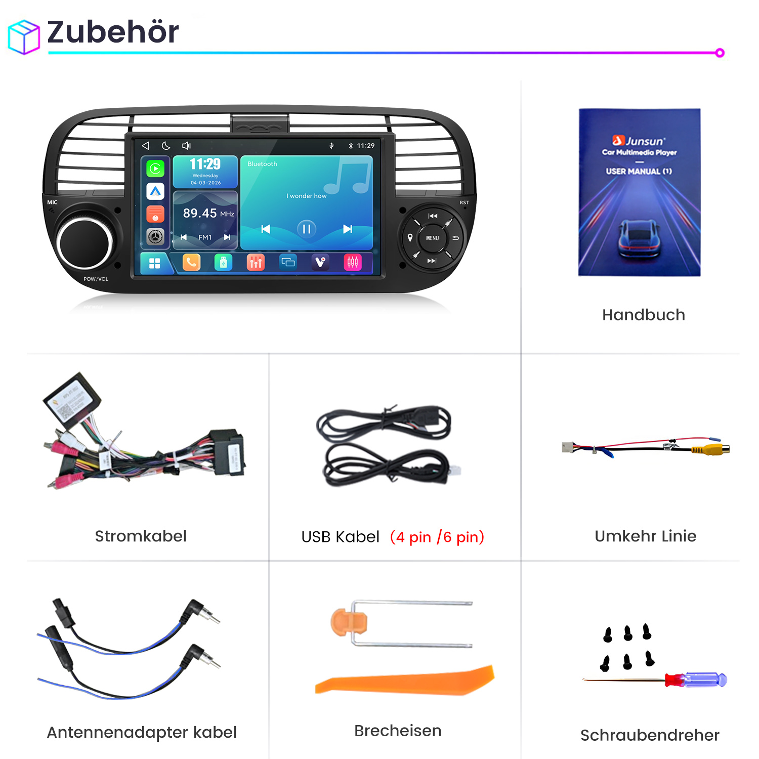 Übersicht des Zubehörs für ein Auto-Multimedia-System mit Display, Kabeln, Werkzeugen und Handbuch.