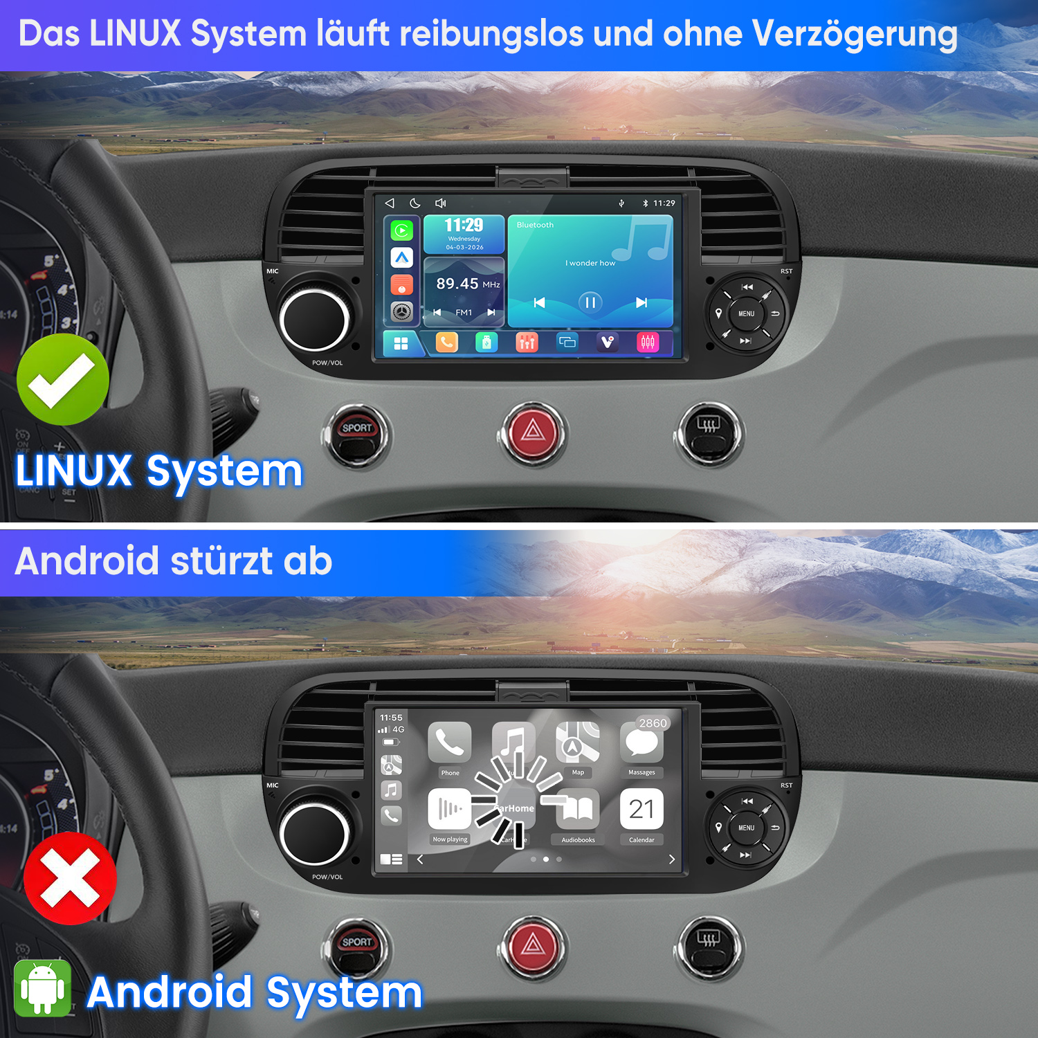 Vergleich zweier Auto-Infotainment-Systeme: Linux läuft reibungslos, während Android abstürzt.