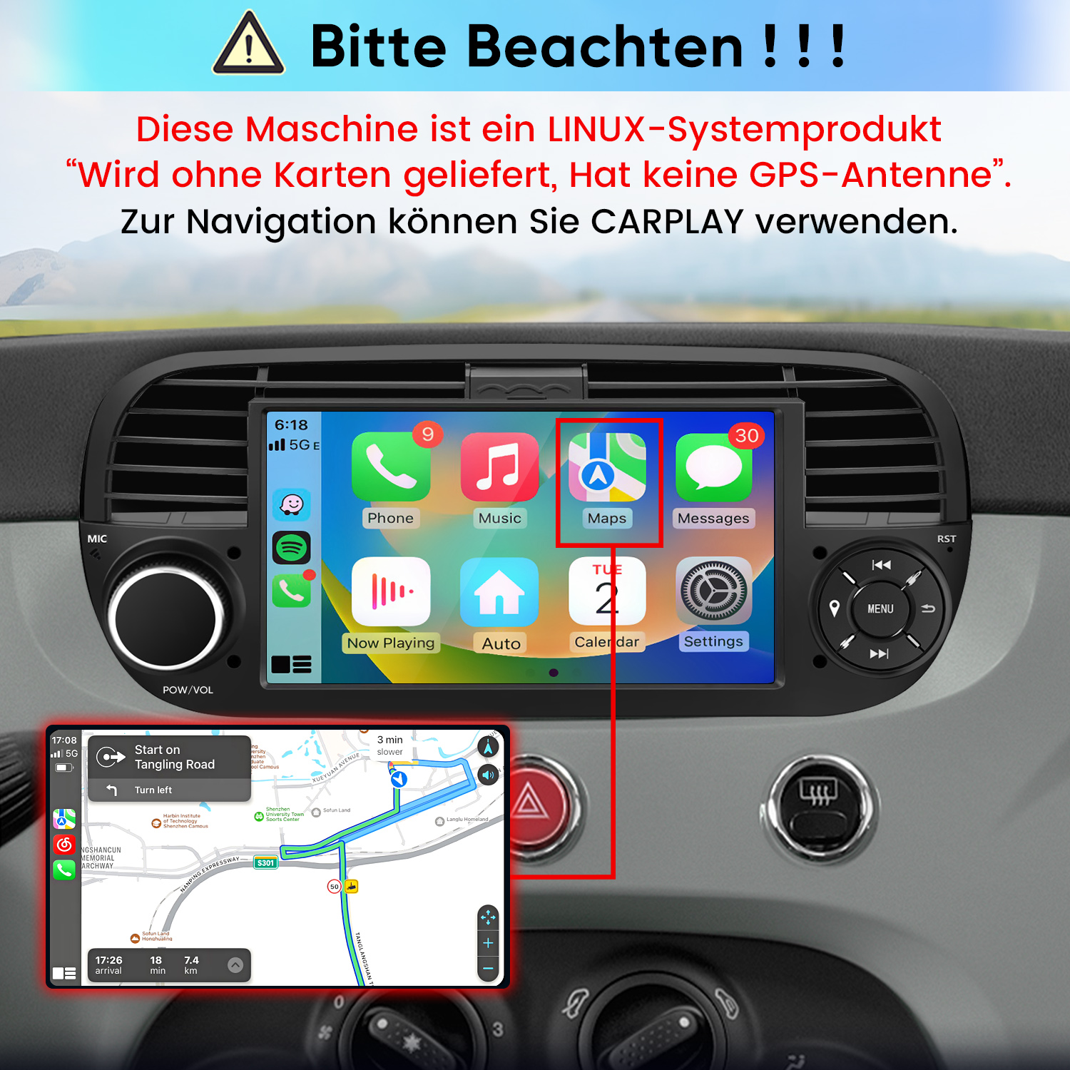 Ein Auto-Armaturenbrett mit einem digitalen Infotainment-Bildschirm mit Apple CarPlay und Navigation.