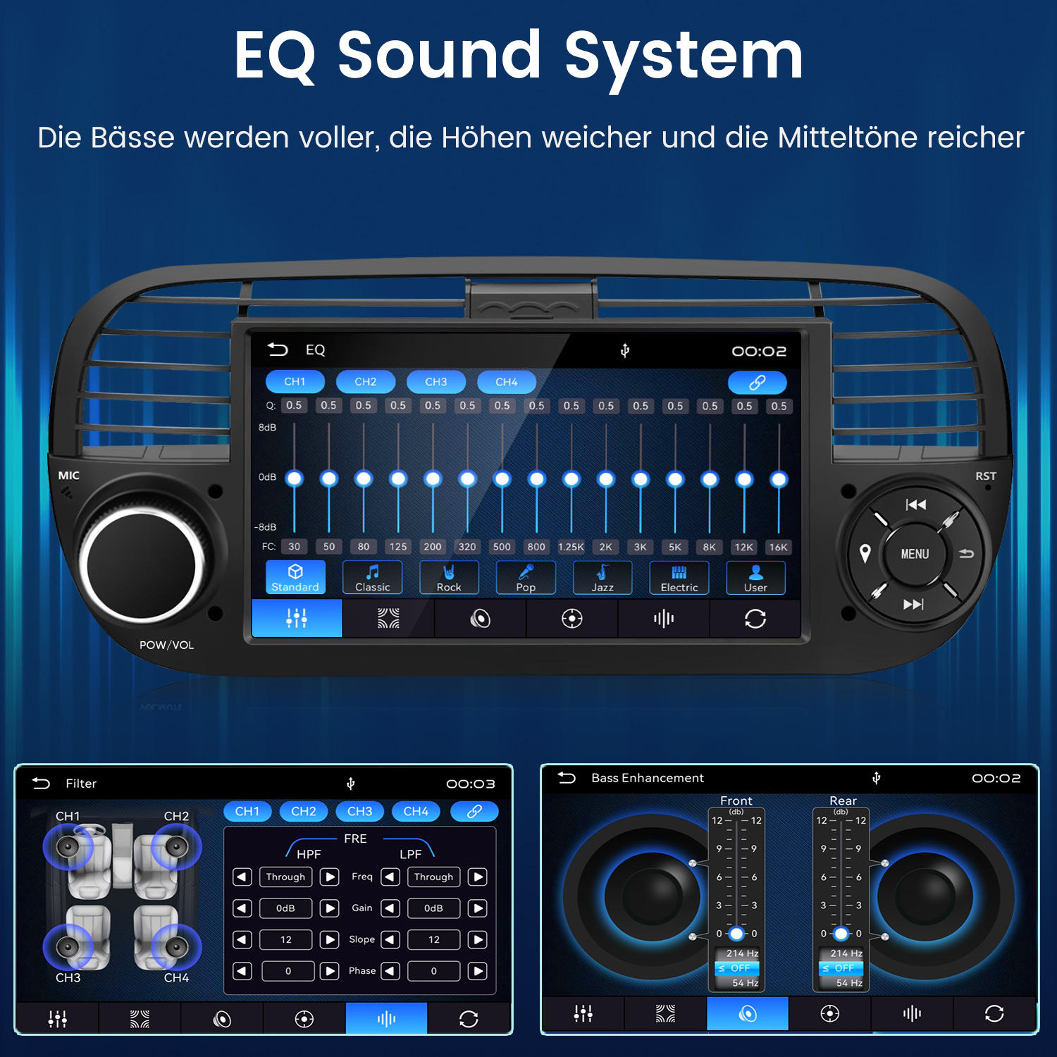Autoradio mit EQ-Equalizer-Einstellungen, Reglern und Audiosteuerung auf blauem Hintergrund.