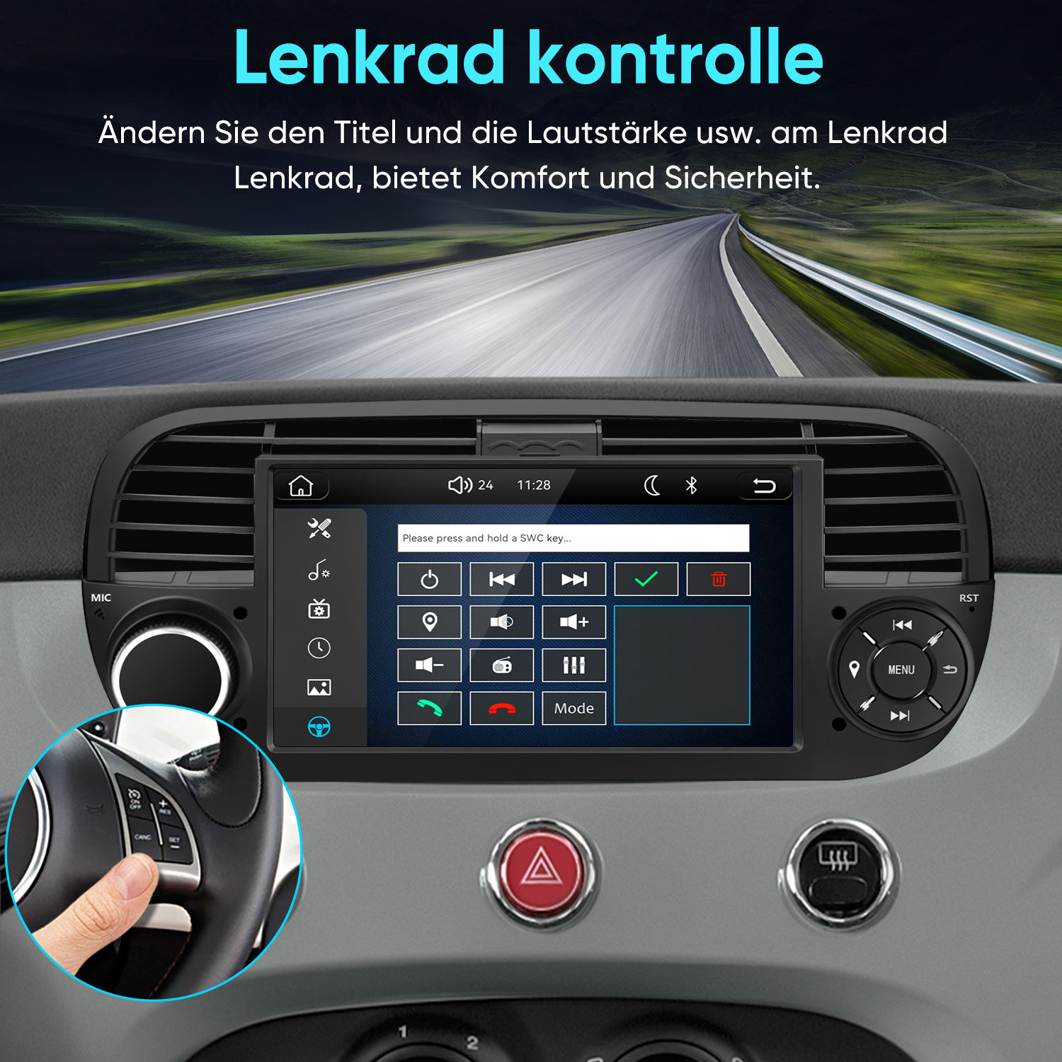 Autodashboard mit Touchscreen und Zoom auf Lenkradtasten vor einer Straße.