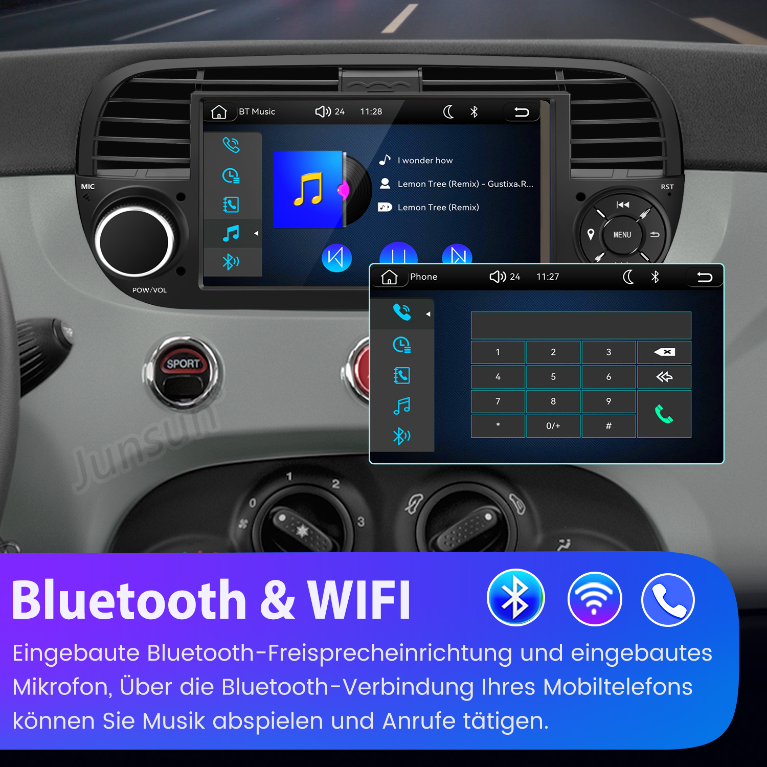 Autoradio mit Bluetooth und WLAN in einem Auto-Armaturenbrett eingebaut.