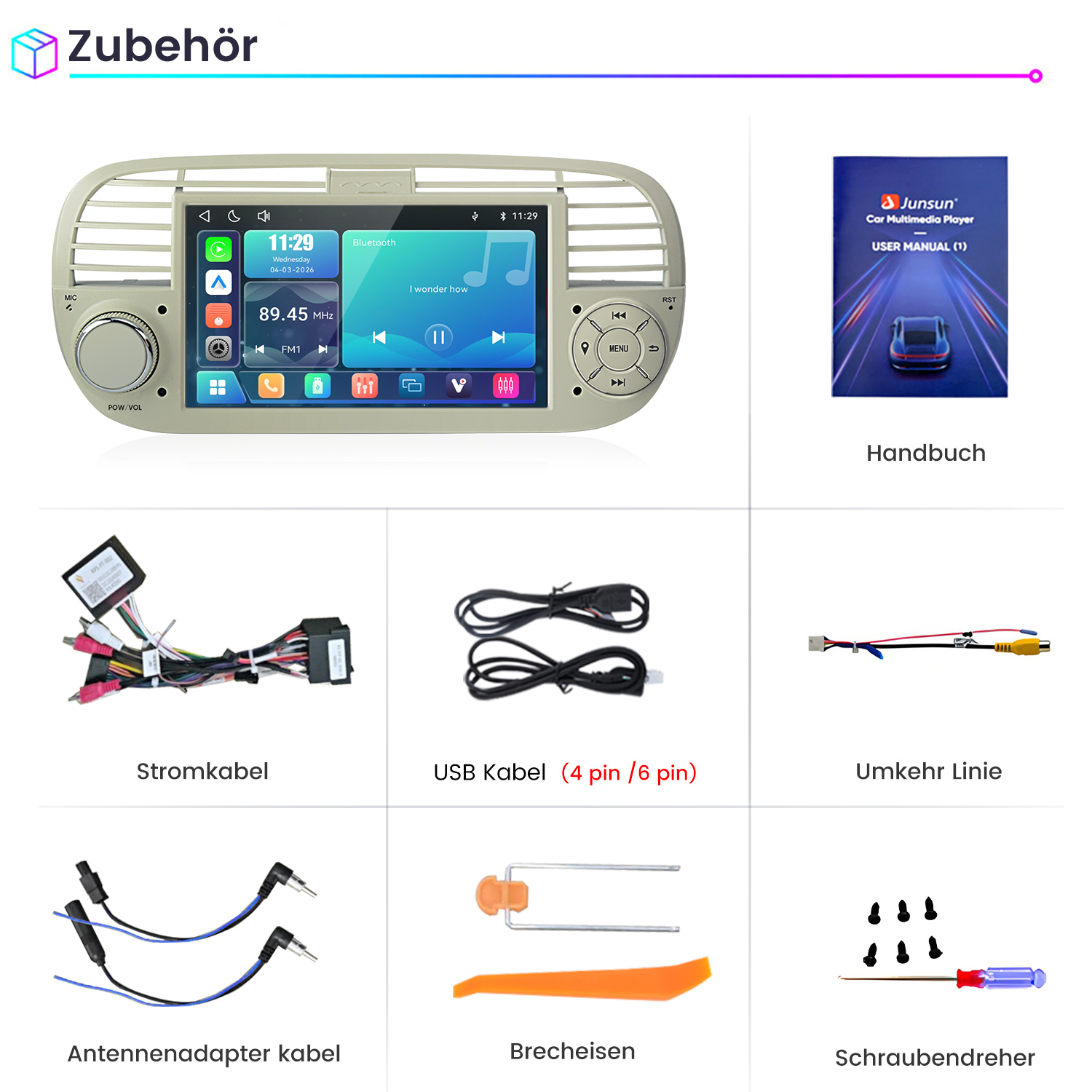 Übersicht des Zubehörs für ein Autoradio, inklusive Display, Kabel, Handbuch und Werkzeug.