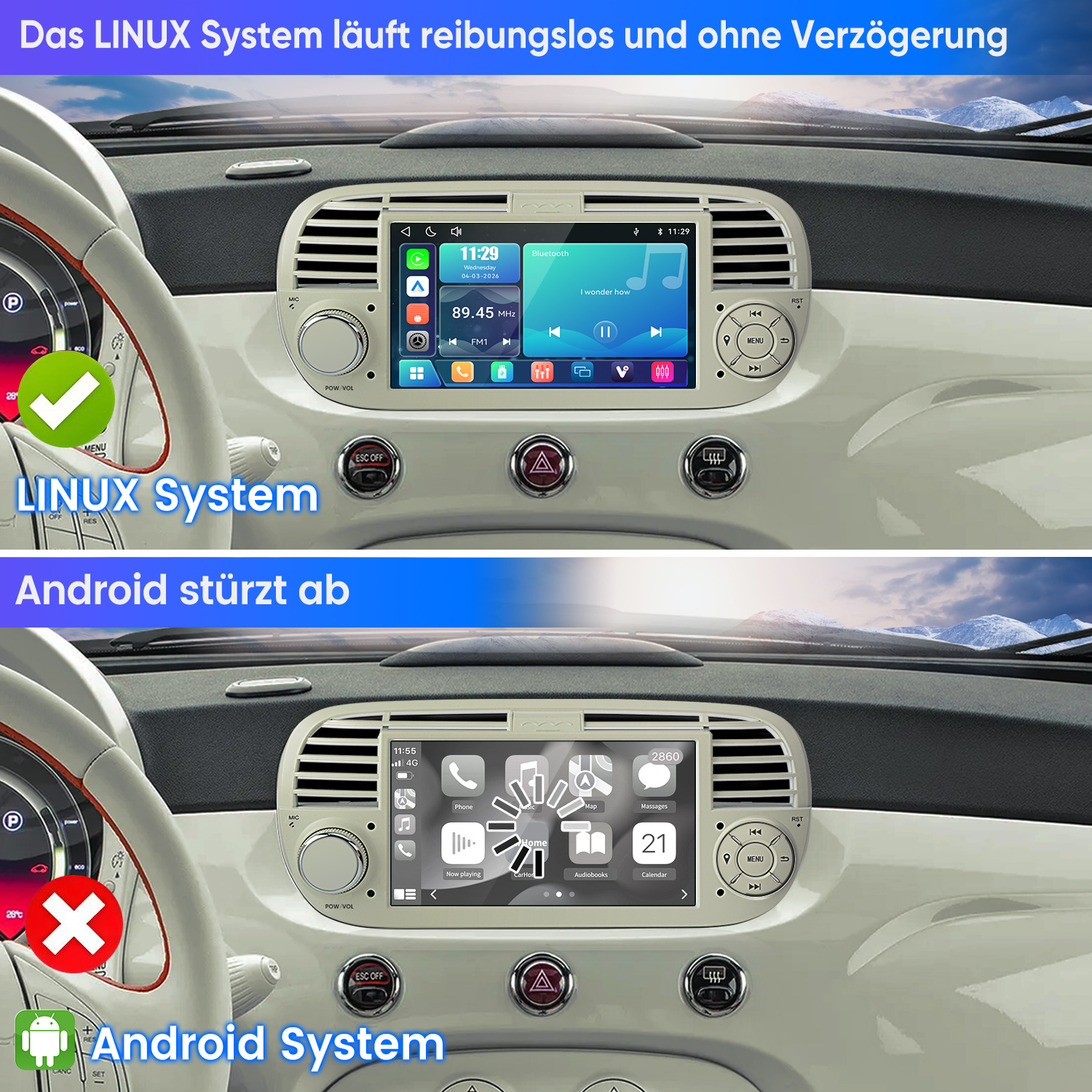 Vergleich zweier Auto-Displays: Ein Linux-System mit reibungsloser Anzeige oben und ein abstürzendes Android-System unten.