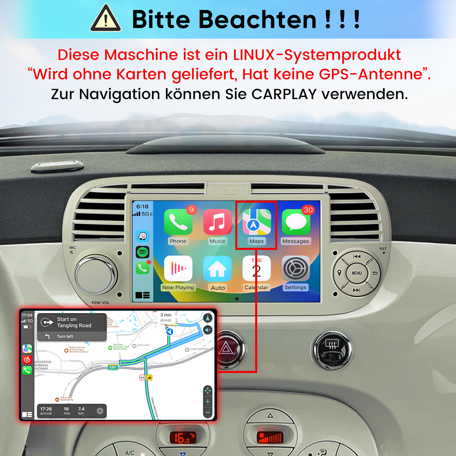 Auto-Navigationsbildschirm mit CarPlay-Menü und Hinweistext.