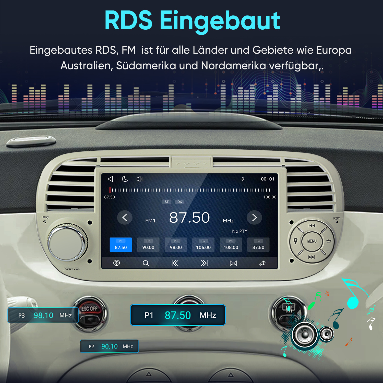 Ein Car-Audio-System im Armaturenbrett zeigt den Radiosender 87.50 MHz und Tastenfelder auf dem Touchscreen.