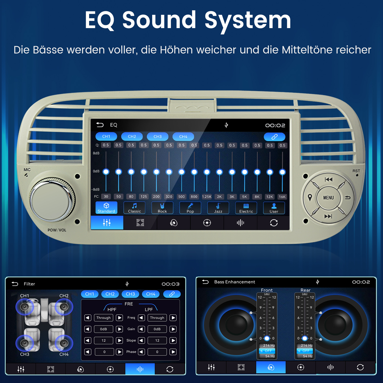 Auto-Equalizer-Display mit Sound-System, Filtern und Bass-Verstärkungseinstellungen.