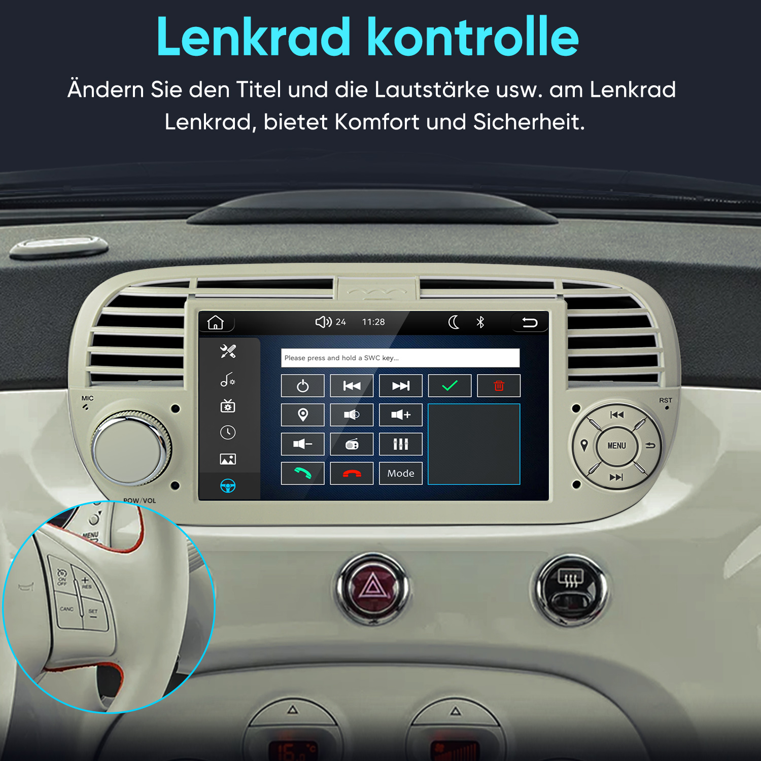 Autoinnenraum mit Touchscreen-Display und Detailansicht des Lenkrads für die Steuerung.