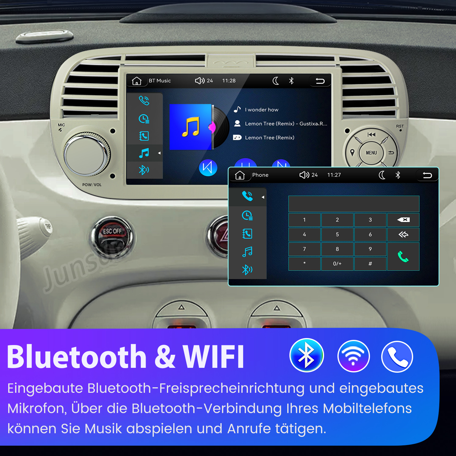 Autocockpit mit einem digitalen Media-Receiver, Musikplayer-Oberfläche und Telefon-Wähltastatur.