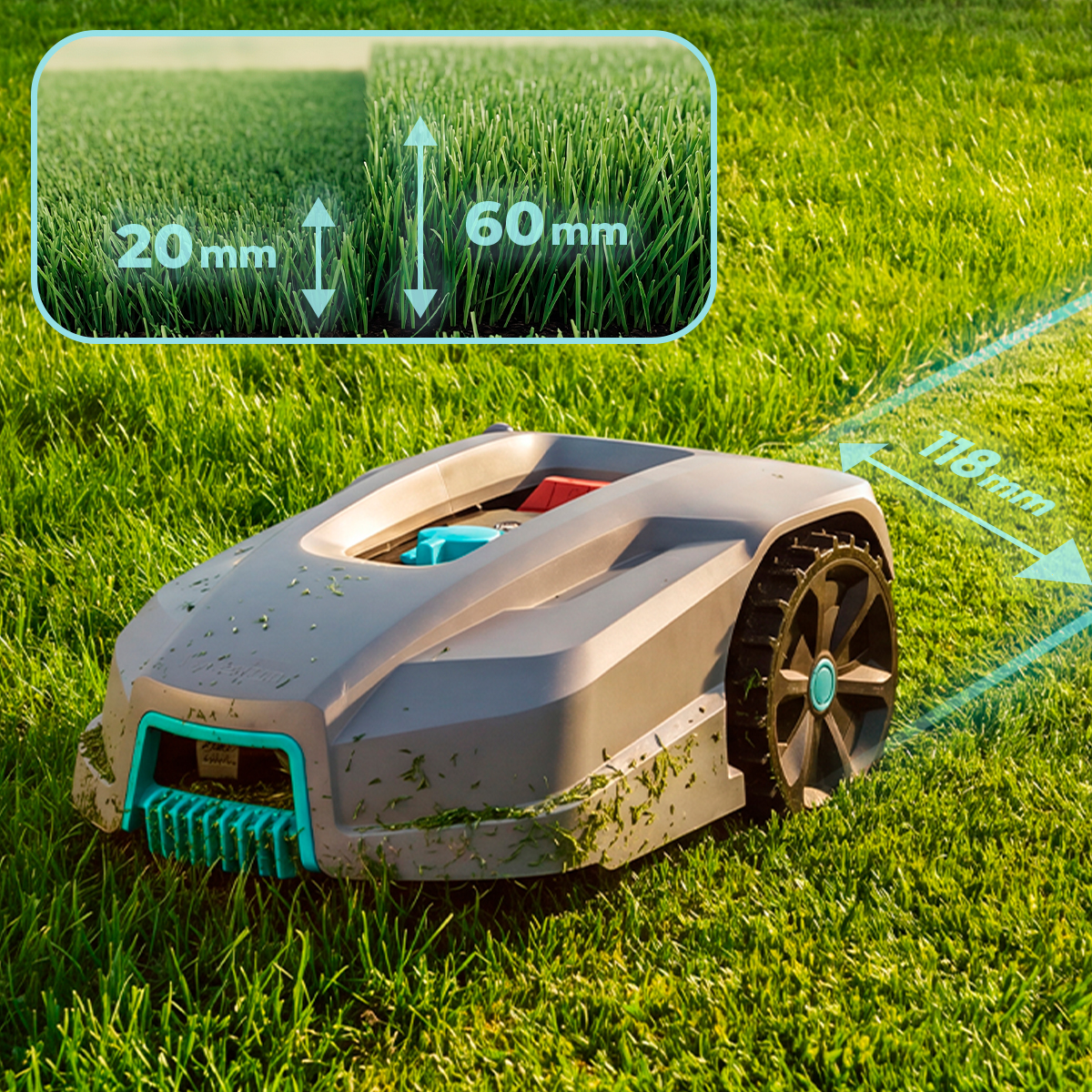 Un cortacésped robótico gris en césped verde con un diagrama que muestra alturas de corte de 20mm y 60mm.