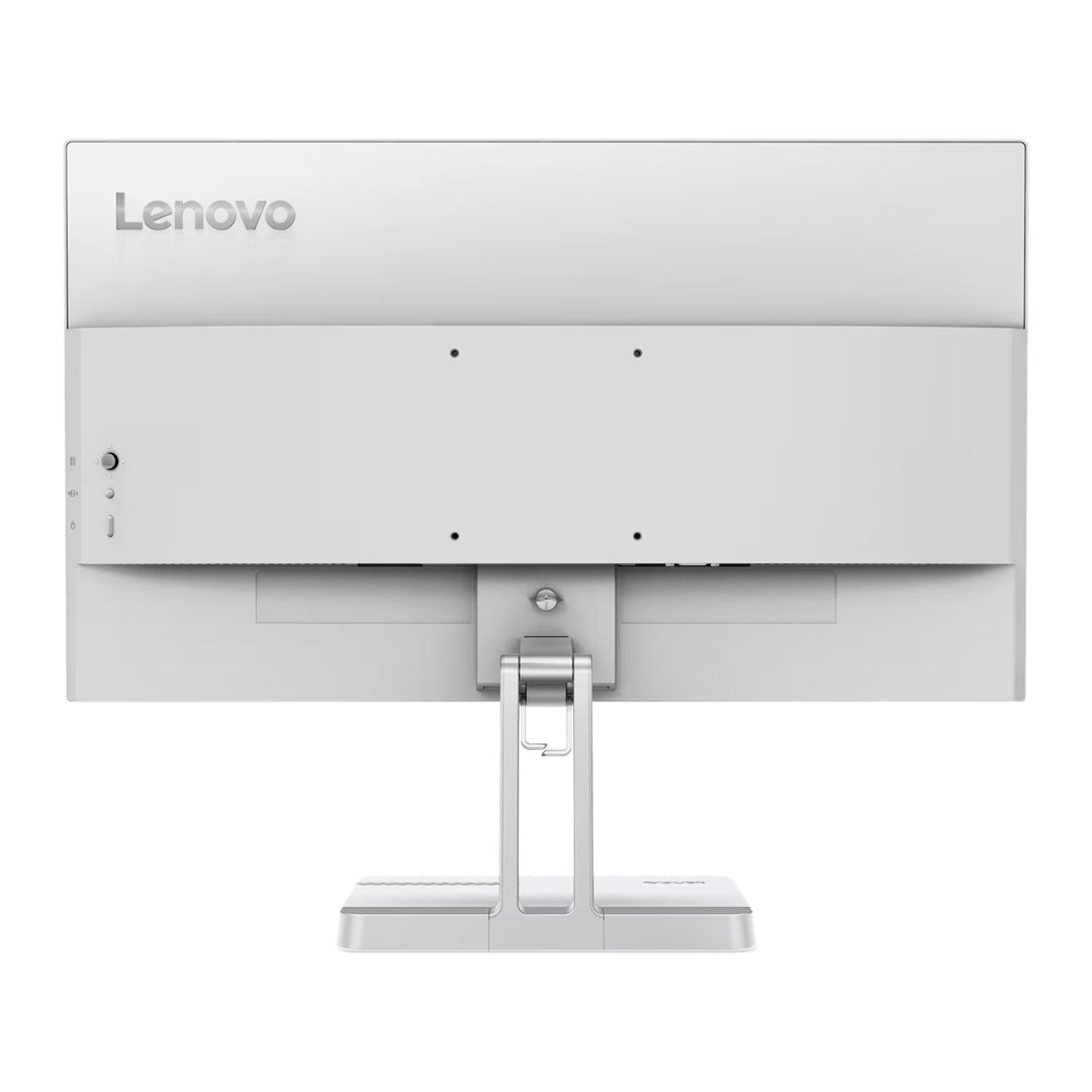 Widok z tyłu białego monitora Lenovo ze srebrną podstawą na białym tle.