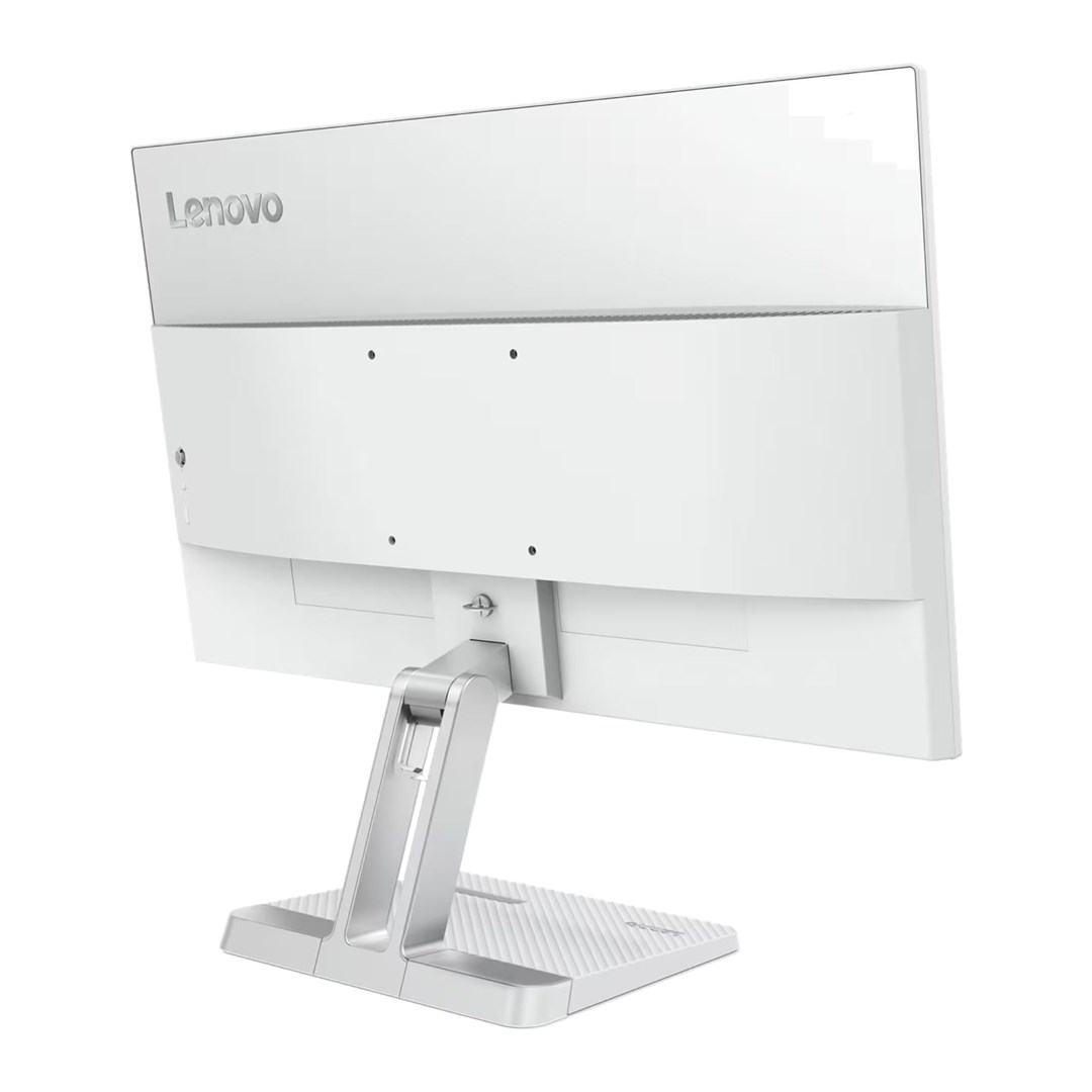 Widok z tyłu białego monitora Lenovo ze srebrną podstawą na jasnym tle.