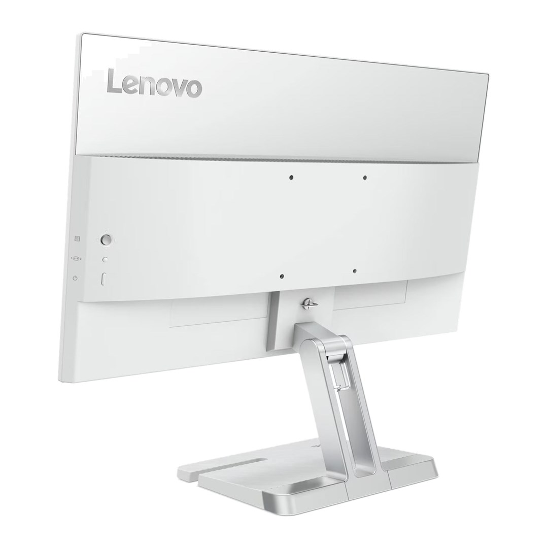 Widok z tyłu białego monitora Lenovo ze srebrną podstawą i widocznymi portami.