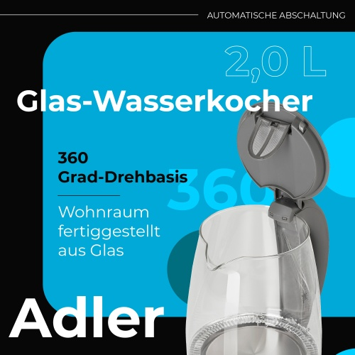 Adler Glas-Wasserkocher mit 2,0 Litern Kapazität und blauer Hintergrundgrafik.