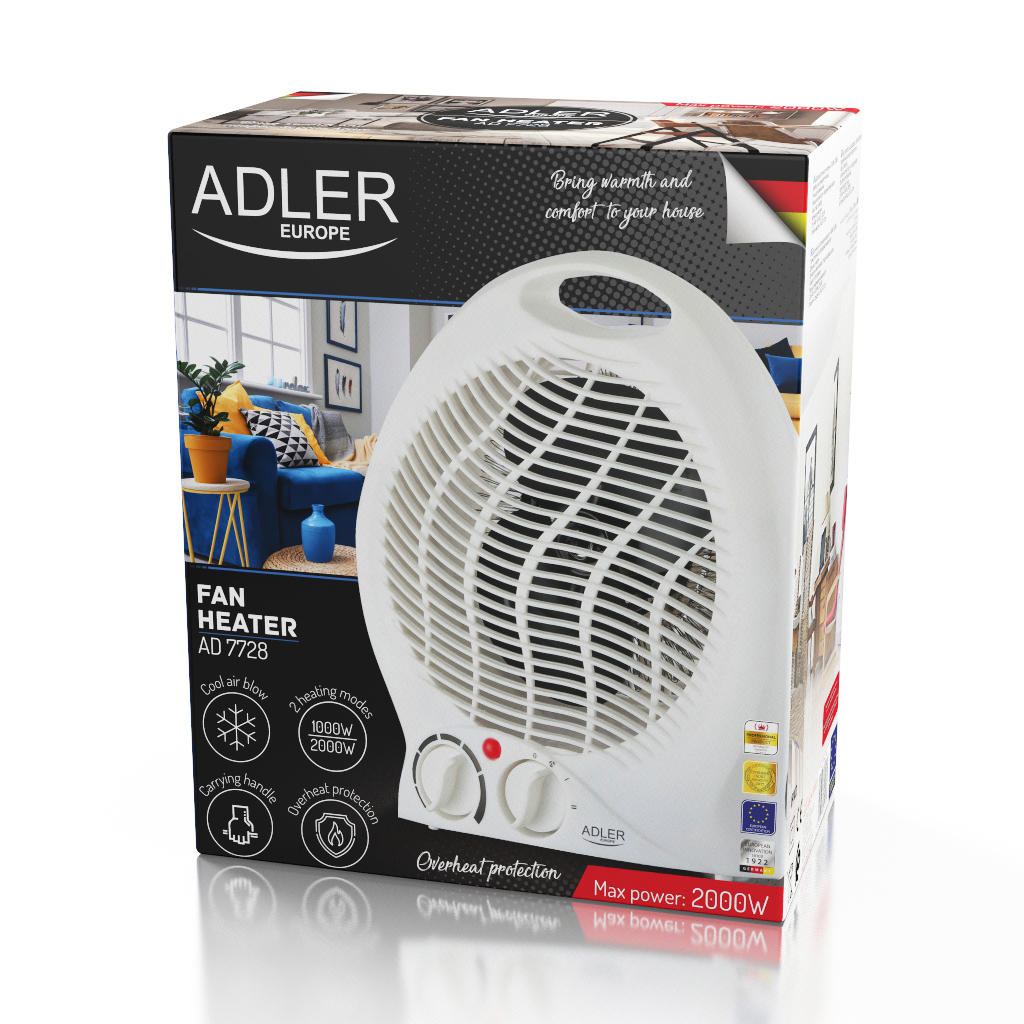 Verpackung eines weißen Adler Heizlüfters mit Angabe zu Leistung und Überhitzungsschutz.