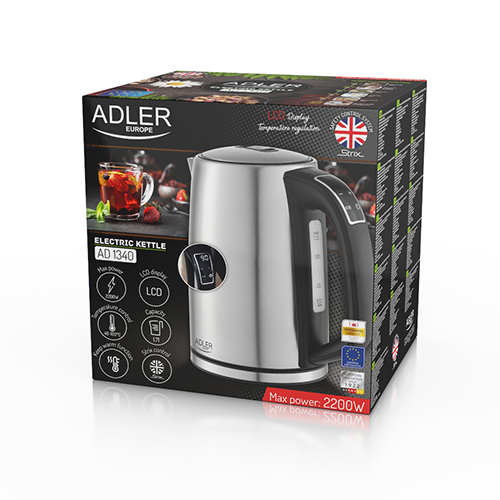 Produktverpackung eines elektrischen Wasserkochers von Adler Europe mit Edelstahlgehäuse und digitalem Display.
