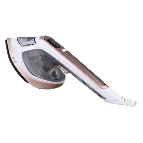 Un moderno stiratore verticale portatile bianco e oro rosa su sfondo neutro.