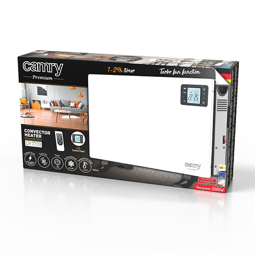 Verpackungskarton für einen weißen Camry Konvektorheizer mit LCD-Display und Fernbedienung.