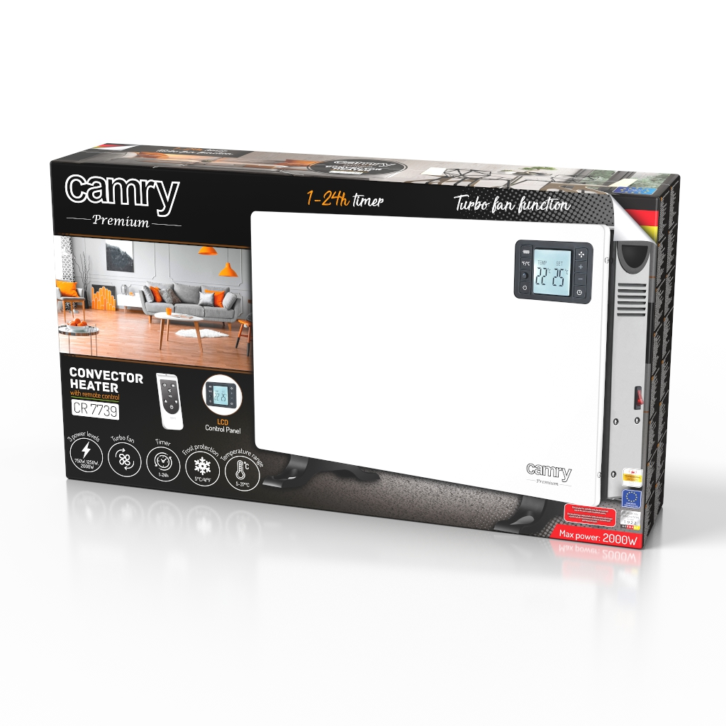 Verpackung eines weißen Camry Convector Heizgeräts mit LCD-Display und Fernbedienung auf weißem Hintergrund.