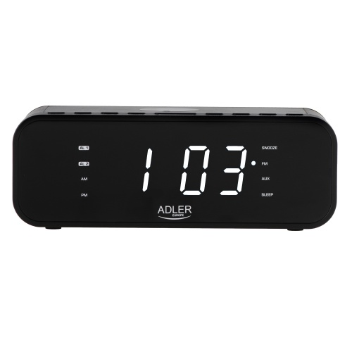 Ein schwarzer Adler-Digitalwecker mit weißer LED-Anzeige zeigt 1:03 Uhr an.