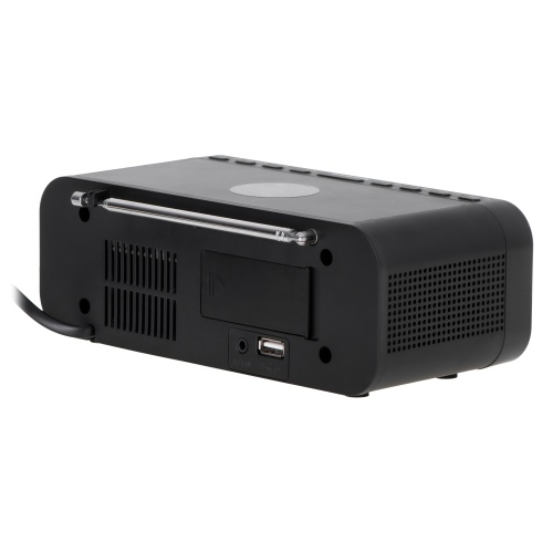 Rückseite eines schwarzen Digitalradios mit Antenne und USB-Anschluss.