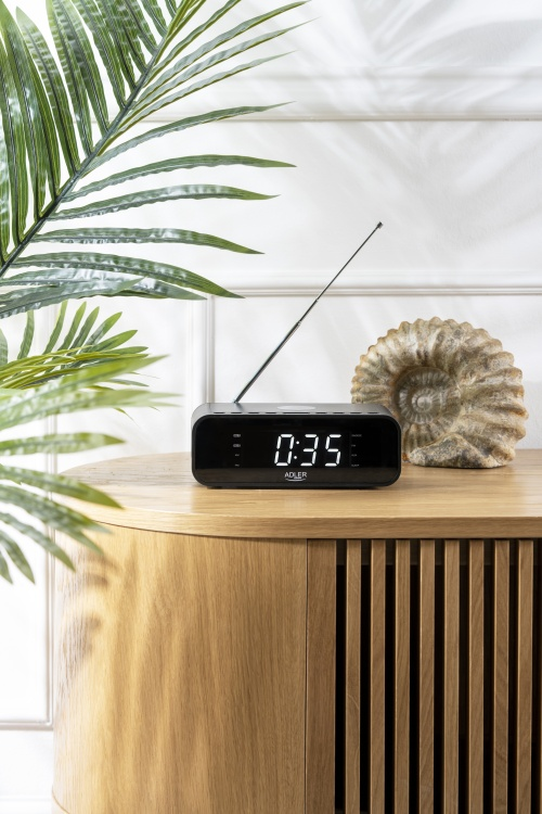 Eine schwarze Digitaluhr mit Antenne steht auf einem Holztisch, neben einem Ammoniten-Fossil und grünen Palmblättern.