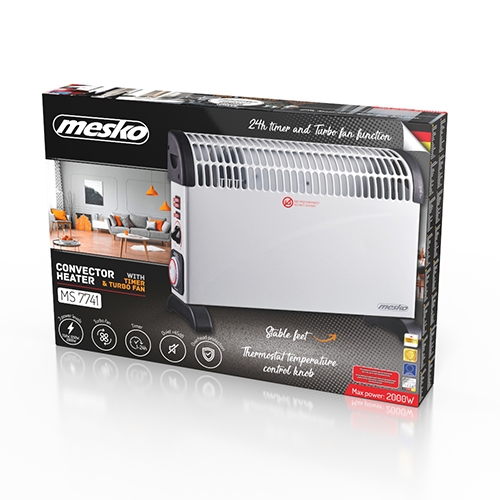Verpackung eines weißen Mesko Konvektorheizgeräts MS 7741 mit 2000W und Timer.