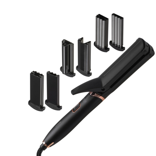 Stromento per lo styling dei capelli nero con dettagli in oro rosa e tre paia di accessori intercambiabili.