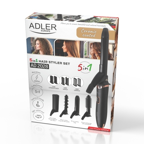 Confezione di un set per capelli 5 in 1 Adler Europe con ferro arricciacapelli nero e vari accessori.