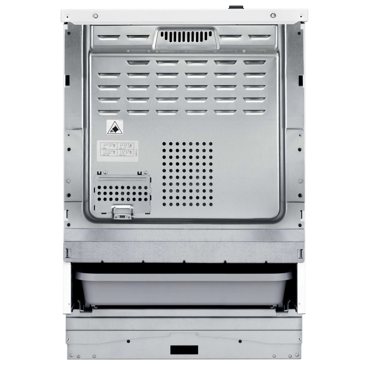 Vista posteriore di una cucina elettrica bianca con fessure di ventilazione, coprimorsetti e un cassetto.