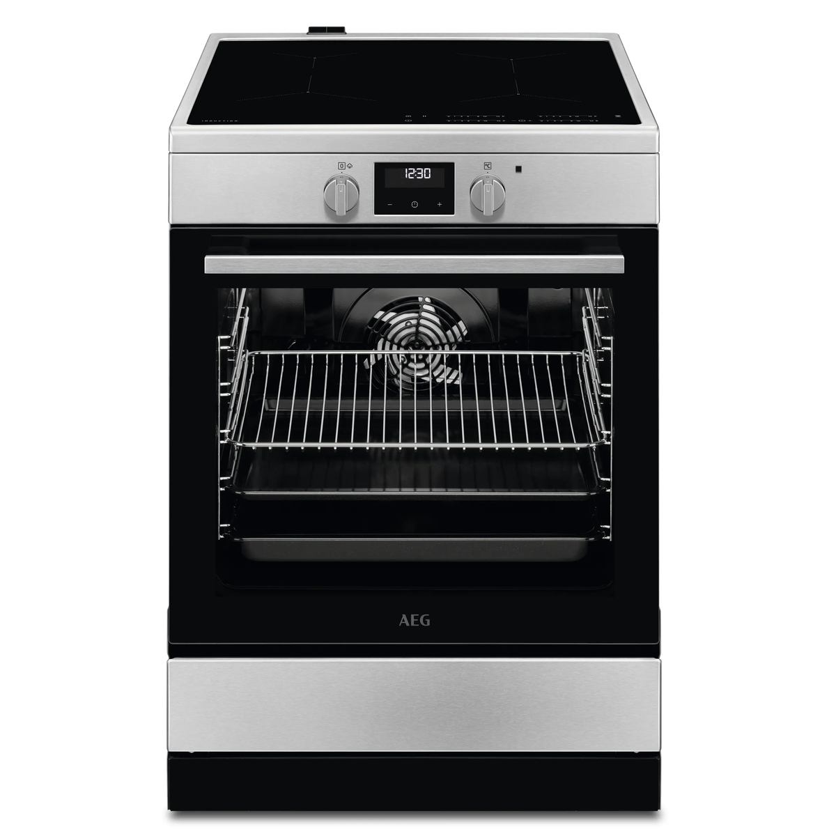 Cucina elettrica AEG argento con piano a induzione, orologio digitale e forno aperto con griglia.