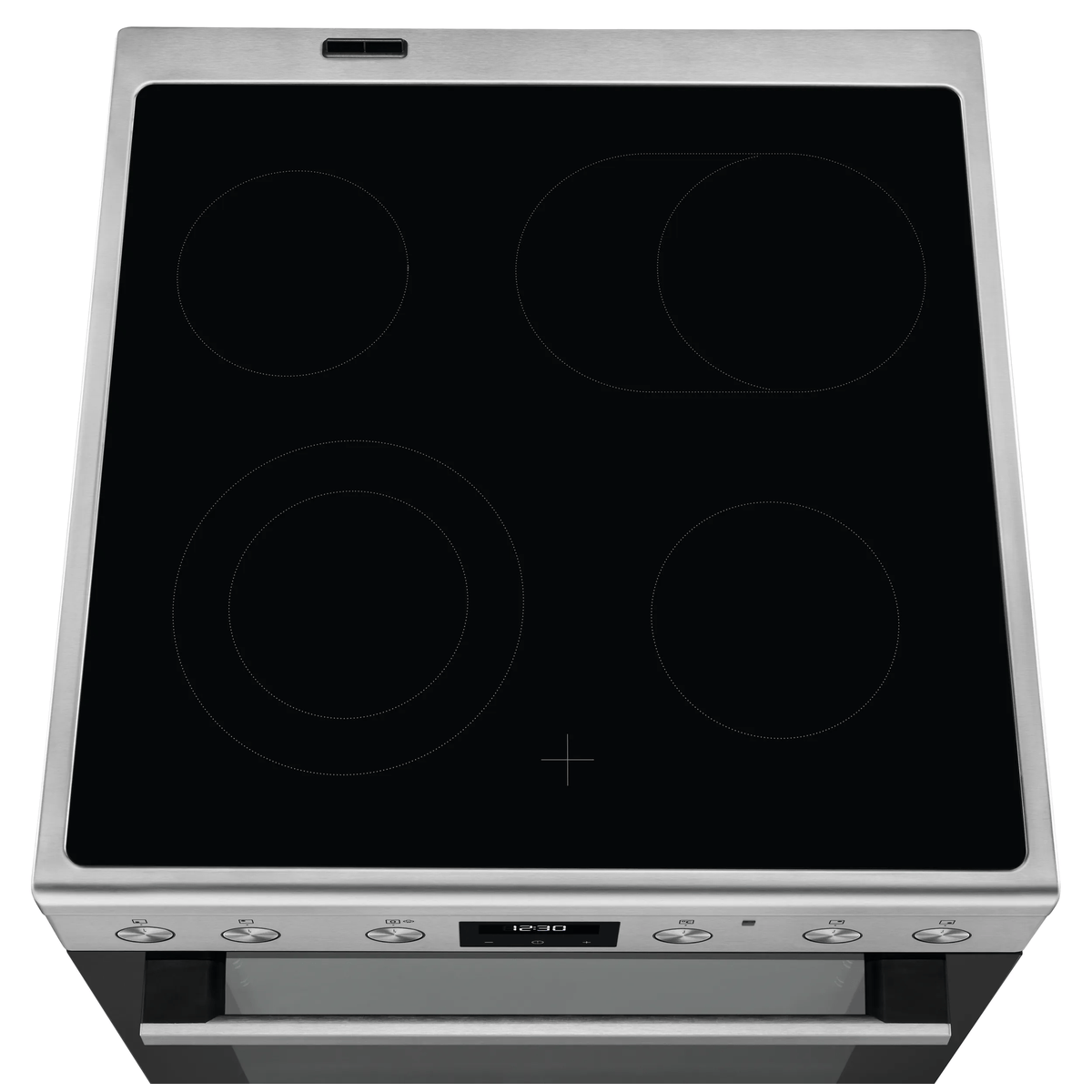Cucina in acciaio inossidabile con piano cottura in vetroceramica nera e quattro zone.