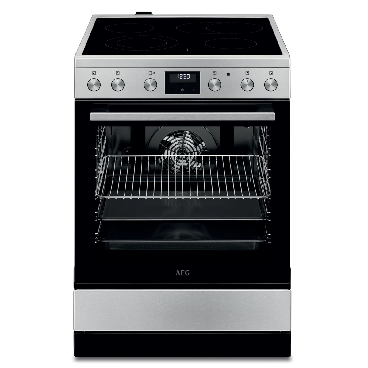 Cucina elettrica AEG argento con piano cottura in vetroceramica, timer digitale, manopole argento e porta del forno aperta.