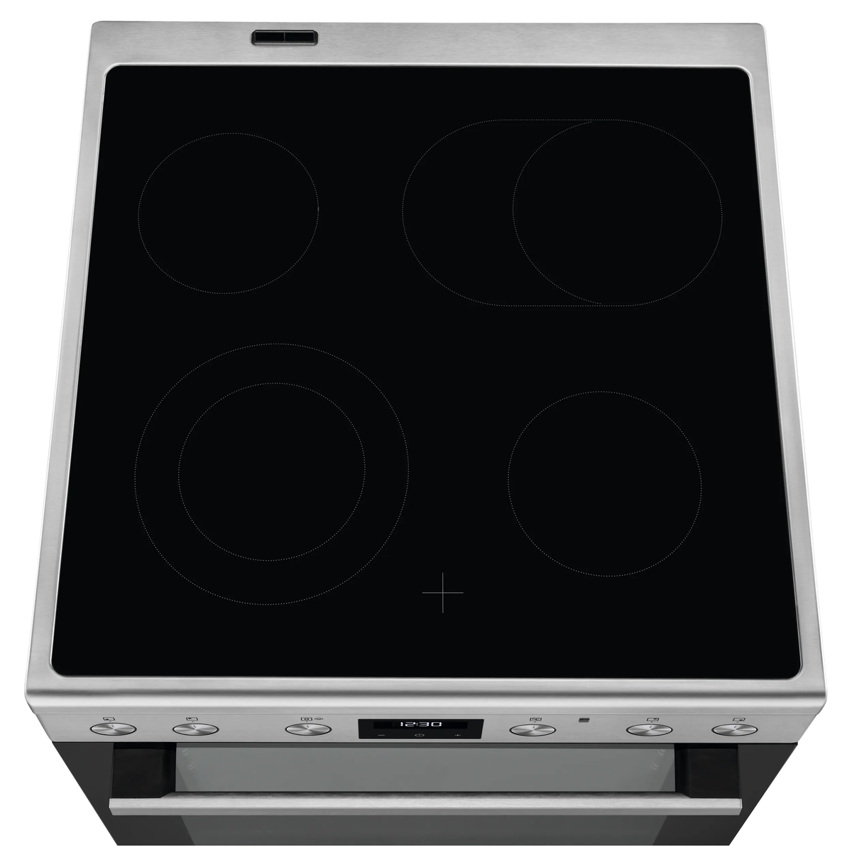 Vista dall'alto di una cucina elettrica in acciaio inossidabile con piano cottura in vetroceramica e quattro zone.