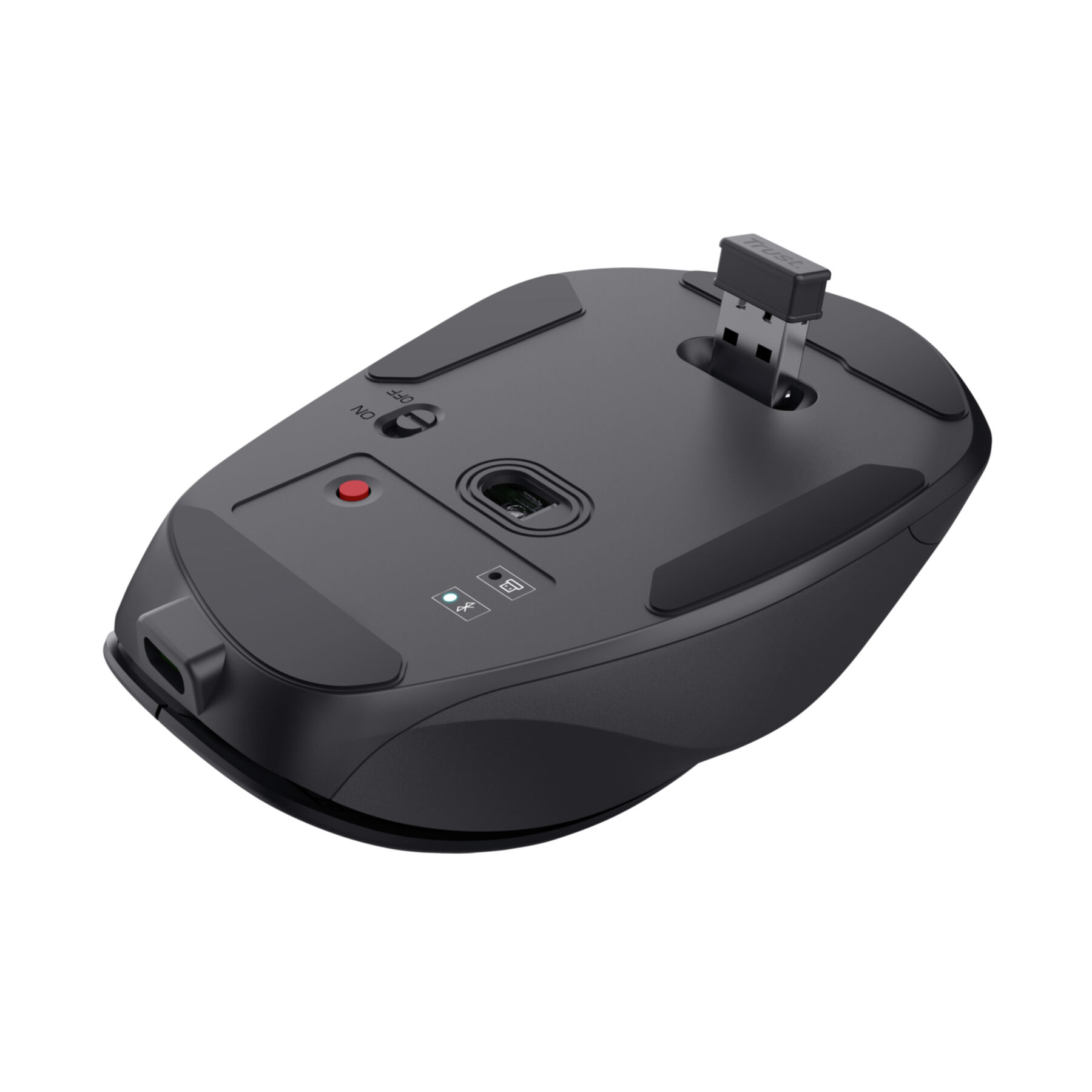 Vue inférieure d'une souris sans fil noire avec capteur, récepteur USB et interrupteur sur fond blanc.