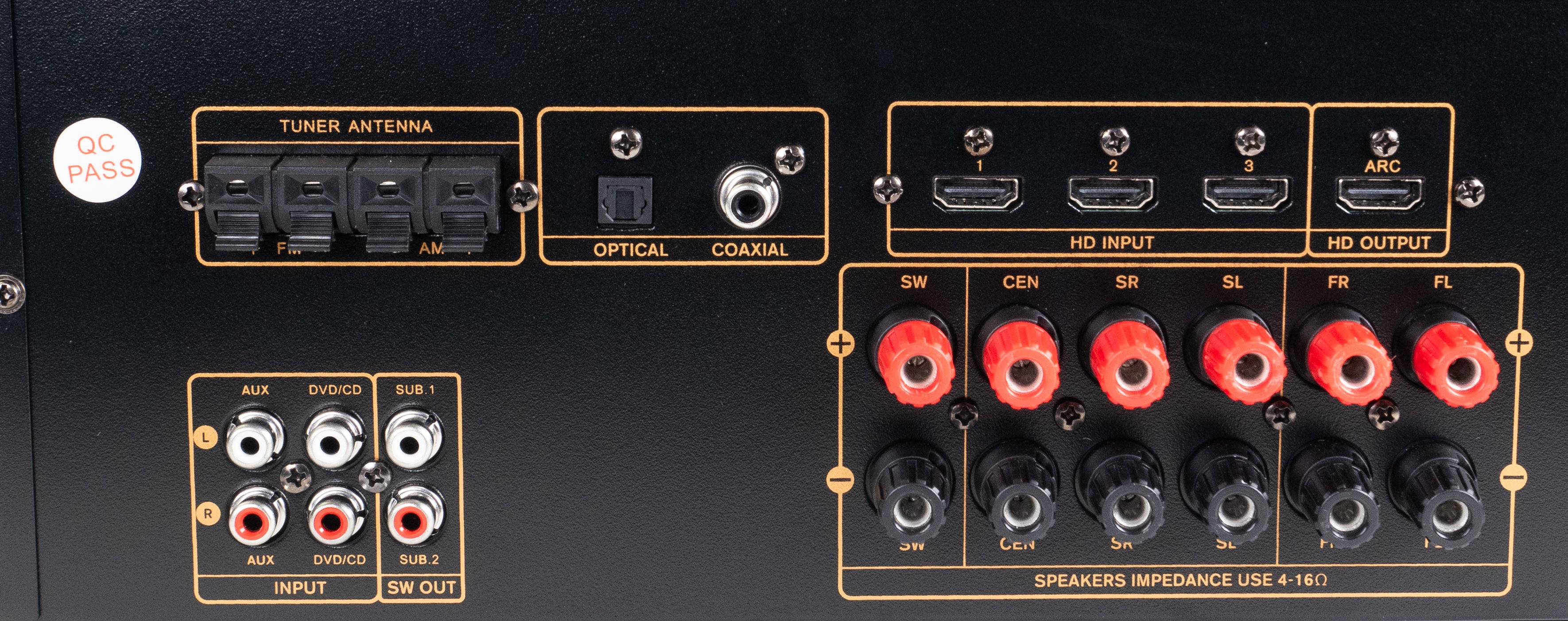 Rückseite eines Audio-Receivers mit verschiedenen Ein- und Ausgängen, darunter HDMI, optisch, koaxial und Lautsprecherklemmen.
