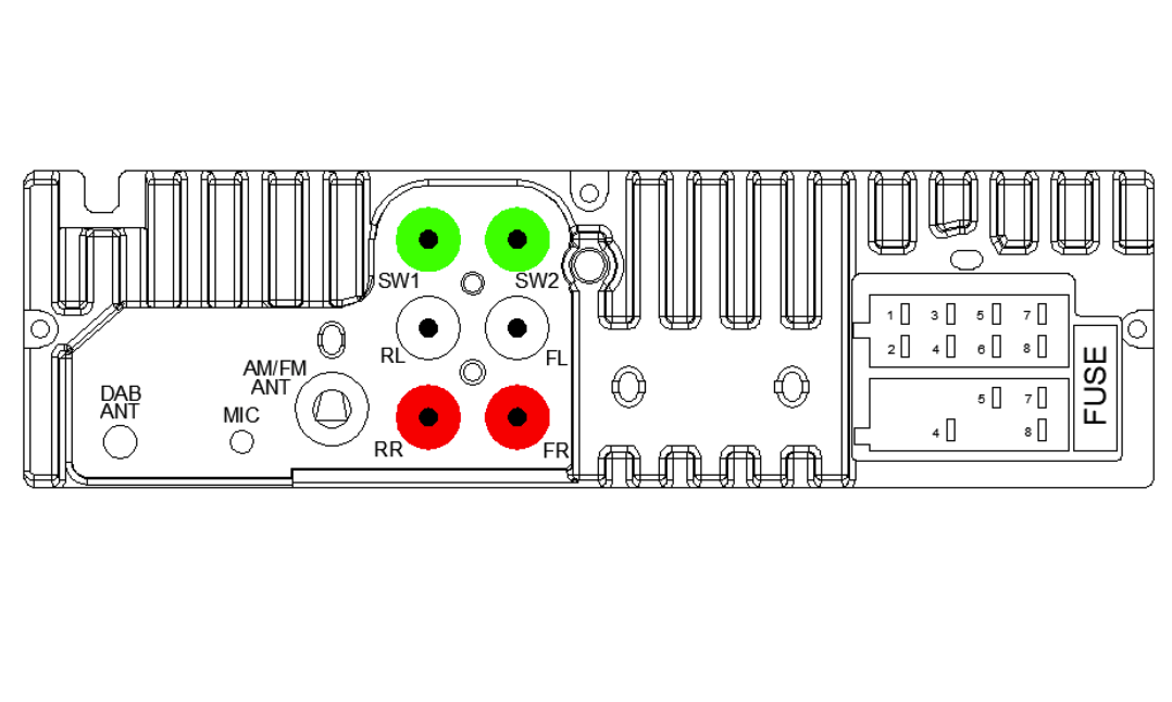 Schema del pannello posteriore di un'autoradio con porte audio RCA, ingressi antenna, fusibile e connettore.