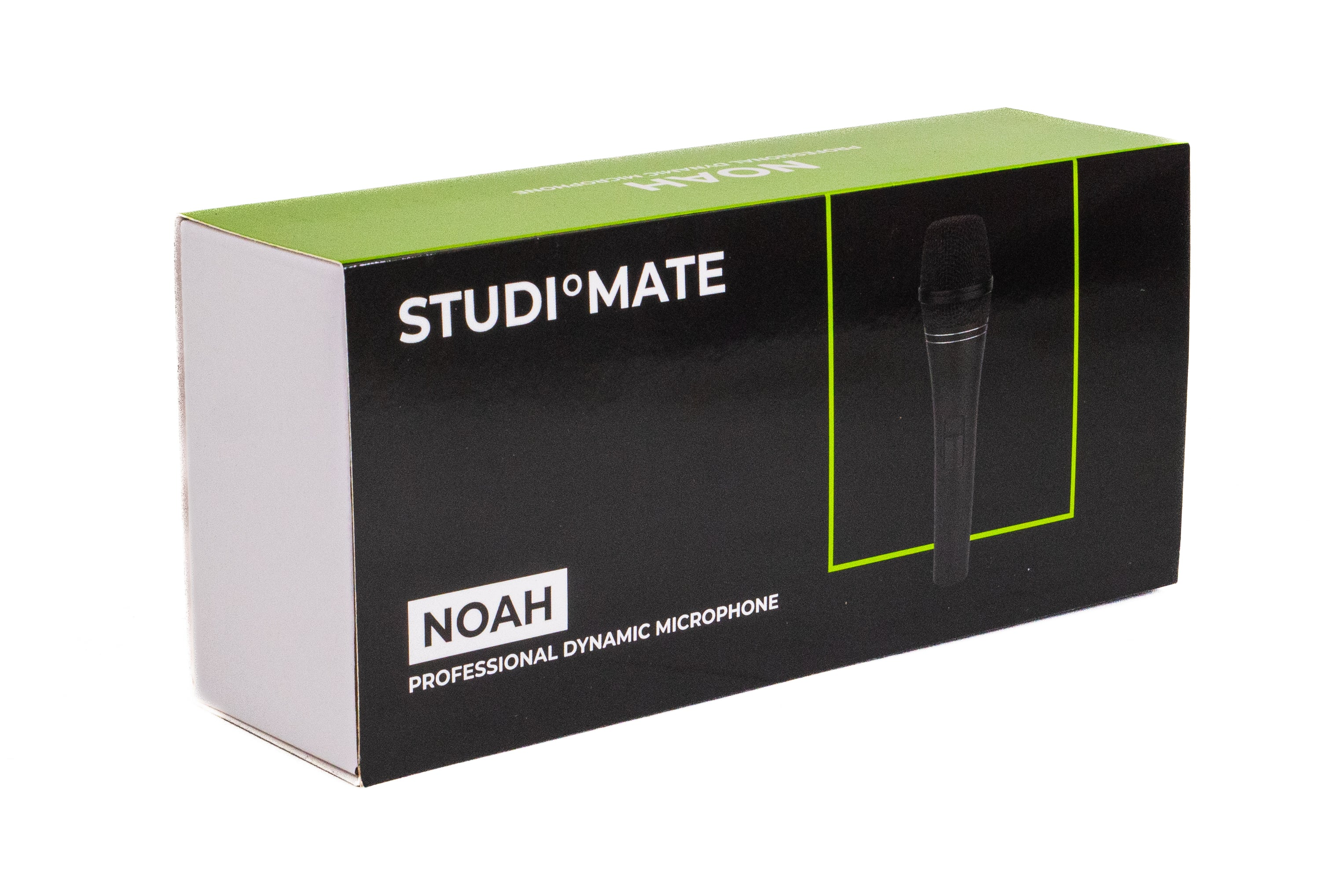 Eine schwarz-grüne Verpackung für ein professionelles dynamisches Mikrofon mit der Aufschrift Studiomate Noah.